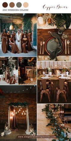 a collage of wedding photos with brown and gold colors, including the bride and groom