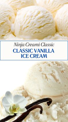 three scoops of vanilla ice cream next to each other on a white background with the words classic vanilla ice cream