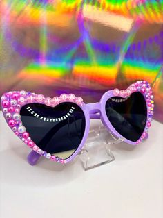 Heart Shaped Glasses Purple Frames / Black Lenses Birthday Sunglasses "Birthday Girl" Pink & White Letters / Pink Purple White Pearls & Gems Purple Party Sunglasses, Purple Mirrored Sunglasses For Party, Purple Sunglasses With Uv Protection For Party, Rave Party Sunglasses With Mirrored Lenses, Purple Plastic Party Sunglasses, Retro Plastic Sunglasses For Party, Funky Sunglasses With Tinted Lenses For Parties, Retro Plastic Sunglasses For Parties, Funky Tinted Sunglasses For Party