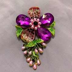 Purple Flower Brooch Pin 2.5” X 4” Lead Free New Sf/Pf Home Elegant Purple Brooches With Flower Decoration, Cheap Green Flower Brooches, Green Flower Brooch Pins, Luxury Antique Purple Brooches, Elegant Purple Flower Brooch, Trifari Brooch, Celtic Weave, Pearl Rose, Dried Rose Petals