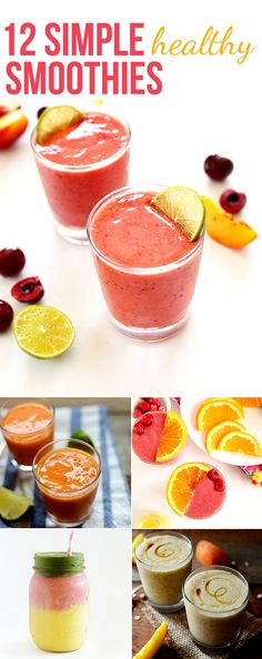 smoothie shots with oranges, cherries and kiwi on the side are shown