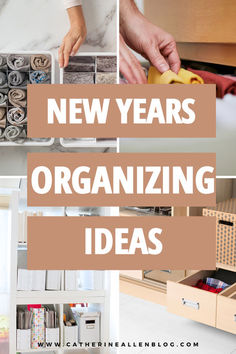 the words new years organizing ideas are shown above images of organized items in drawers and boxes