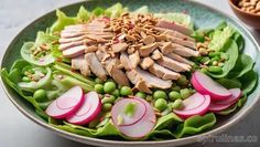 a salad with chicken, radishes and almonds on it in a bowl