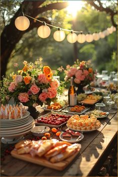 an outdoor table with food on it and flowers hanging from the trees in the background