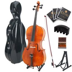 the cello is being displayed with its accessories