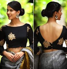 Plain Black Blouse Designs, Silk Saree Blouse Sleeves Design, Plain Silk Blouse Designs, Front Neck Blouse Designs, Saree Jacket Designs, India Saree, Indian Blouse Designs, Boat Neck Blouse Design, Boat Neck Blouse