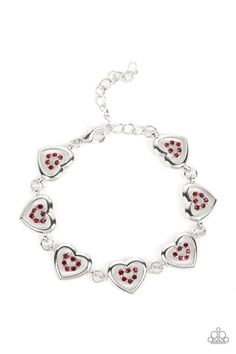 Catching Feelings - Red P9RE-RDXX-153XX Dotted with dainty siam rhinestones, airy silver heart silhouettes are affixed to the points of larger silver heart frames. The two dimensional heart frames link together around the wrist in a flirtatious finish. Features an adjustable clasp closure. Sold as one individual bracelet Catching Feelings, Vintage Paparazzi, Catch Feelings, Silver Heart Bracelet, Jewelry Catalog, Vip Group, Red Bracelets, Heart Frame, Independent Consultant