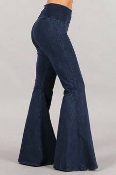 Fabulous! Mineral washed bell bottom stretch pants with wide fold-over waistband for extra support and tummy control.  Seam detail in back for a flattering flared design. Comfortable alternative for jeans for all day and everyday wear for all sizes.  Each item is hand-dyed for its unique character and american vintage laundered look,  should expect variations in color and finishing. Fabric: USA made Cotton/Spandex 93/7 Jersey Proudly made in the USA Stay Sexy! Chic Flare Bottoms At Low Price, Bellboytom Jeans, Cheap Blue Bottoms With Adjustable Waist, Bottom Design, Cute Jeans, Bell Bottom, Stretch Pants, Fit Inspo, Diy Fashion