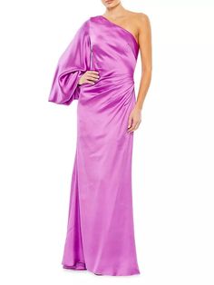 From the Ieena collection. Crafted of soft satin, Mac Duggal's one-shoulder gown features a voluminous bishop sleeve in an elegant floor-length silhouette..One-shoulder.Long bishop sleeve.Back zip closure.100% polyester.Spot clean.Imported.SIZE & FIT.About 61' from shoulder to hem.Model measurements: 5'10' tall.Model is wearing a US size 4.From the Ieena collection. Crafted of soft satin, Mac Duggal's one-shoulder gown features a voluminous bishop sleeve in an elegant floor-length silhouette.One One-shoulder Pre-draped Gown With Sweep Train, Pre-draped One Shoulder Gown With Sweep Train, One Shoulder Gown With Sweep Train, One-shoulder Fitted Bodice Pre-draped Gown, Satin Finish One-shoulder Dress For Gala, One Shoulder Pre-draped Gown With Fitted Bodice, Satin Finish One Shoulder Dress For Gala, Pre-draped Silk One-shoulder Wedding Dress, One-shoulder Gown With Sweep Train For Cocktail