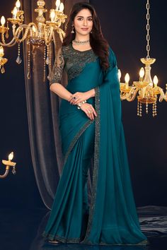 Turn heads at any event with this stunning Georgette party wear saree. The lightweight fabric drapes effortlessly, ensuring you move with grace. Its intricate border work adds a touch of sophistication, making it perfect for weddings, receptions, or festive gatherings. Blue Silk Saree, Sari Design, Silk Saree Blouse, Sari Blouse