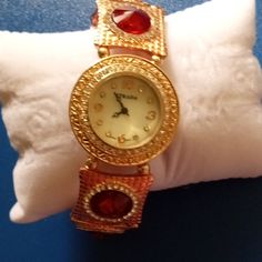 This Is A Beautiful Red & Gold Stretch Bracelet Watch. Charm Bracelet Watch, Gold Stretch Bracelet, Cameo Bracelet, Bangle Watches, Lapis Lazuli Beads, Cuff Watch, Crystal Bangle, Silver Charm Bracelet, Stretchy Bracelets