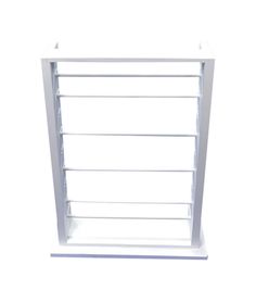 a white shelf with four shelves on each side