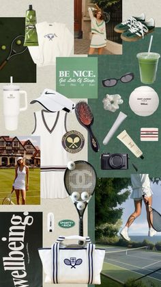 a collage of tennis related items including t - shirts, sunglasses and other accessories