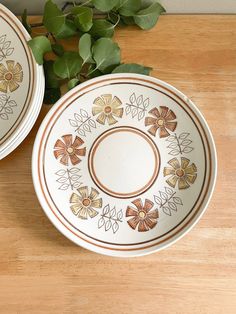 two white plates sitting on top of a wooden table next to a green leafy plant