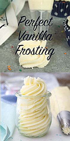 vanilla frosting in a glass jar next to cupcakes