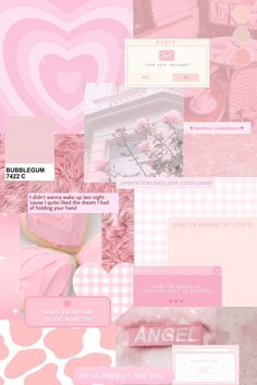 pink and white collage with hearts, flowers, and other things in the background