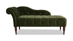 a green velvet chaise lounger with wooden legs on an isolated white background for display