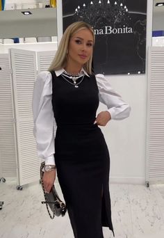 🤍🖤 Elegant Sunday Dress, White Formal Shirt Outfit Women, Black And White Outfit Ideas Formal, Dress With White Shirt Under, Black Dress For Church, White Shirt Under Dress Outfit, Black And White Formal Outfit, Blouse Under Dress, Presentation Outfits For Women