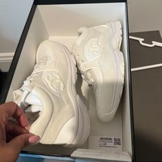 Chanel Runners In White In Good Condition Worn A Couple Of Times Luxury White Sneakers With Cushioned Footbed, Elegant White Low-top Sneakers, Chanel Runners, White Runners, Chanel Black And White, Chanel #1, Chanel Sneakers, Chanel White, Black And White Fabric