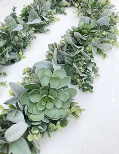 a white table topped with lots of green plants