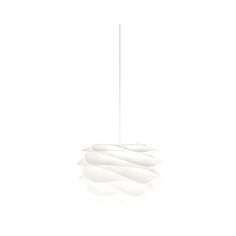 a white light hanging from the ceiling in front of a white wall with an abstract design on it