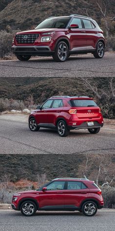 four different views of the same vehicle in three different stages, one red and one black