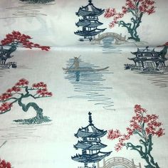 Sampan Mandarin Embroidered Chinoiserie Fabric Premuim High End Multipurpose Embroidered Home Decorating Fabric With Oriental Pagoda Scene Design From Trevi Fabrics Exquisite Detail And Unique Designer Look For Drapery, Bedding, Cushions, Pillows 55% Cotton 45% Polyester, Rated 8,000 Double Rubs, Cleaning Code: S Repeat H 17 1/2 V 15 1/2 Inches, 54"W ***Some Fabrics Photograph With Different Hues Than They Appear In Hand. It Highly Recommended That A Swatch Is Ordered Prior To Ordering Yardage T Chinoiserie Fabric, Yard Art Crafts, Floral Upholstery Fabric, Surf Stickers, God Sticker, Dinosaur Fabric, Crewel Embroidery Kits, Floral Upholstery, Just Cross Stitch