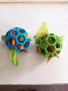 two plastic toys that look like carrots and lettuce