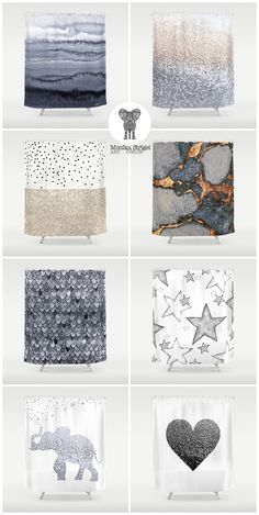 six different shower curtains with black and white designs