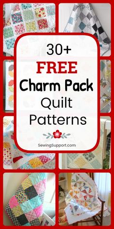 the free charm pack quilt pattern is shown in four different pictures and includes several patterns