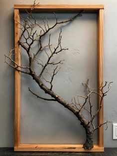 a bare tree branch in a wooden frame