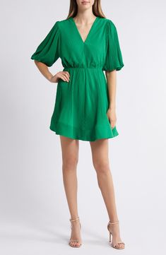 Get ready for party season in this fiery minidress textured with sharp accordion pleats and designed in a flirty flared silhouette with flutter sleeves. 32" length ( size Medium) Slips on over head V-neck Elbow-length sleeves Elastic waist Lined 100% polyester Hand wash, line dry Imported Accordion Pleats, Green Fits, Fabric Gift Bags, Elbow Length Sleeve, Fabric Gifts, Free Fabric, Anniversary Sale, Flutter Sleeves, Flutter Sleeve