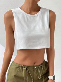 White Casual Collar  Knitted Fabric Plain Tank Embellished High Stretch  Women Clothing Solid Crop Tank Top, Women Tank Tops, Crop Tank Top, Top Tank, White Crop, Outfit Goals, Tank Top Designs, Tank Top Cami, White Crop Top