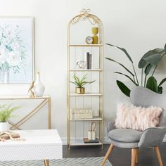 a living room filled with furniture and a large plant on top of a book shelf