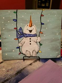 Snowman Swinging On Lights, Snowman Paintings, Picture Craft, Winter Paintings, Canvas Painting For Beginners