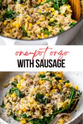 one pot orzo with sausage and spinach in a skillet on the side