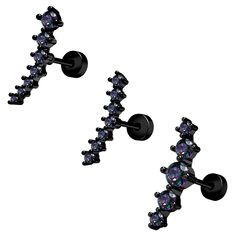 black opal double barbell earring set with purple and blue crystal stones in the middle