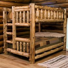 Cedar Log Queen/Queen Bunk Bed Log Bedroom Furniture, Log Bunk Beds, Rustic Cabin Furniture, Log Bedroom, Lodge Furniture, Bunk Bed Ladder, Queen Bunk Beds, Double Bunk Beds, Log Bed