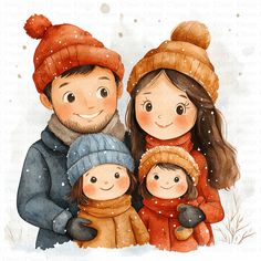 a watercolor painting of two adults and a child in winter clothes, with snow falling on the ground