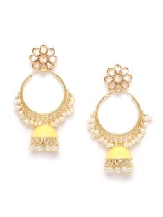 These beautiful yellow & gold toned floral hoop jhumka earrings come with kundan stone studs & beads, are gold-plated, and are secured with a circular twist closure. These handcrafted jhumkas can be paired with any traditional outfit to add a punch of colorful boost, and help you stand out. Product color may vary based on the monitor or screen you are using.See FAQ for more details. Size Length: 7.5 cm Details Material: BrassStones: Kundan & Artificial BeadsPlating: Gold-plated Festive Gold Chandbalis With Dangling Beads, Gold Chandbalis With Dangling Beads For Festivals, Yellow Round Meenakari Jewelry, Kundan Chandbali Jhumkas With Dangling Beads, Festival Chandbali Earrings With Dangling Beads, Gold Kundan Hoop Earrings, Gold Kundan Round Hoop Earrings, Gold Jhumkas With Dangling Beads For Festivals, Temple Jewelry Chandbali Jhumkas With Dangling Beads