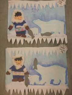 two polar bears and a man with an animal in the background are made out of paper