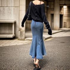 Lasaky - High-Waisted Denim Skirt with Body-Hugging Fit, Split Design, and Elegant Mermaid Flare Denim Mermaid Skirt, High Waisted Denim Skirt, Fishtail Skirt, Skirts Midi High Waisted, Professional Wardrobe, Split Design, Denim Pencil Skirt, Fish Tail, Round Neck Dresses