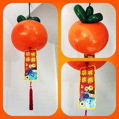 an orange balloon shaped like a tomato with chinese characters on it's top and bottom