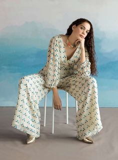 Overlap Jumpsuit, V Neck Jumpsuit, Floral Print Jumpsuit, Print Jumpsuit, Jumpsuit Online, Printed Jumpsuit, White Embroidery, Balloon Sleeves