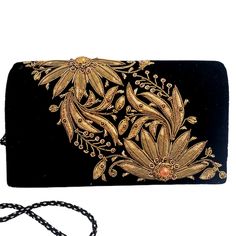 Luxury Designer Embroidered Clutch, Hand Embellished Black Evening Bag, Black Hand Embellished Evening Bag, Elegant Velvet Evening Bag For Wedding, Velvet Rectangular Evening Bag For Wedding, Traditional Embroidered Evening Bag For Formal Events, Traditional Embroidered Evening Bag For Formal Occasions, Traditional Embroidered Formal Evening Bag, Festive Formal Evening Bag With Gold Embroidery