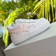 Pink Cherry Blossom Custom Air Force 1 Baby, Toddler, Little Kids Sneakers Low. -Our current processing time is 3-4 weeks. We try hard to deliver as fast as we can. The best things are worth the wait. -Size Guide: Baby & Toddler (1C - 10C.) Little Kids (10.5C - 3Y) -Exactly as shown in the picture. -Lace Locks included. -Anti Crease Protector Included. -Applied Special Acrylic Paint for Shoes and Finisher for more Durability. -Waterproof and flexible. -Made in the US. -100 % Authentic Air Force Air Force Baby, Baby Jordan Shoes, Custom Baby Shoes, Baby Pink Shoes, Air Force 1 Sneakers, Painted Sneakers, Creative Shoes, Pink Cherry Blossom