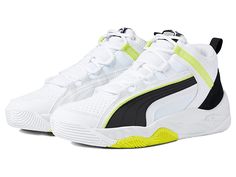 PUMA Rebound Future Evo Core - Men's Shoes : Puma White/Puma Black/Light Lime : Add some style to your walk wearing the cool PUMA Rebound Future Evo Core sneakers. Textile and synthetic upper. Textile lining. Textile insole. Lace-up closure. Pull tab included. Branding on tongue and pull tab. Synthetic outsole. Imported. Measurements: Weight: 14 oz Product measurements were taken using size 9, width D - Medium. Please note that measurements may vary by size. Weight of footwear is based on a sing High-top Synthetic Running Shoes With Ventilation, Sporty Lace-up Basketball Shoes With Vented Sides, Breathable Lace-up Running Shoes For Tennis, Dynamic White Mesh Basketball Shoes, Sporty Synthetic High-top Sneakers For Training, White Basketball Shoes With Vented Sides, Functional Low-top Basketball Shoes With Breathable Mesh, Breathable Mesh Synthetic Basketball Shoes For Streetwear, Mesh High-top Sneakers For Running