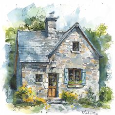 a watercolor painting of a stone cottage