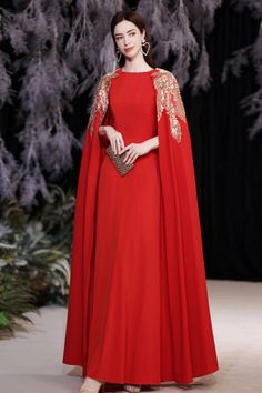 Shop stylish cape red flowy formal chiffon evening dress with long sleeves online. Sheprom offers formal, party, casual & more style dresses to fit your special occasions. Cape Dress Long, Cape Dresses, Delicate Gown, Cape Wedding, Timeless Glamour, Cape Wedding Dress, Chiffon Evening Dress, Red Cape, Long Evening Dress