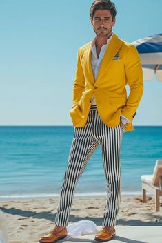 👉 Break Free from the Ordinary: Click the Link to Find Items and Other Outfits that Redefine Cool 👈  ///// Vibrant yellow blazer paired with black and white striped pants, suitable for summer weddings or stylish beach outings. White And Yellow Outfit, Yellow Outfit Men, Black And White Striped Pants